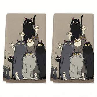 2 件套可爱黑白猫印花超柔软超细纤维毛巾、吸水洗碗布、擦布、茶巾、厨房装饰、送给妈妈的乔迁礼物、送给朋友的生日礼物