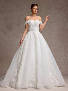 露肩亮片蕾丝薄纱 A 字型婚纱，长款蓬松新娘礼服，适合婚礼、派对、舞会、新娘 - 白色 - 查看 5