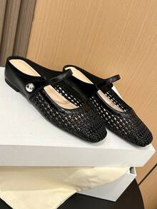 Xin Jing Shoes 2025秋季女士平底鞋时尚百搭编织镂空绑带平底增高通勤平底鞋穆勒鞋 - 黑色 - 查看 10