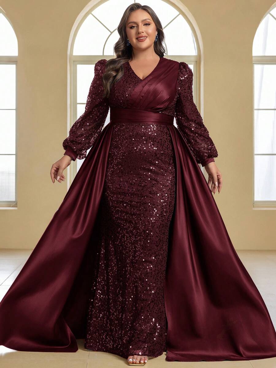 YISIKADO Plus Size Formal Gowns Elegant Luxury Sequins & Satin Patchwork V-Neck Long Sleeve Dress - Màu Đỏ Sâu - Xem 1