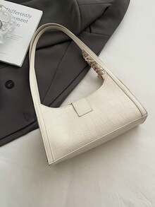 1pc Crocodile Embossed Strap Decor Minimalist Fashion One Shoulder Baguette Bag With Scarf - Beige - View 9