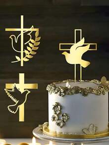 3 件亚克力和平蛋糕装饰、金色十字架洗礼爱心蛋糕装饰用品、亚克力和平与金色十字架蛋糕装饰套装 - 基督教十字架蛋糕装饰宗教洗礼、婚礼、生日派对装饰带天使翅膀、圣经诗句插入物、可重复使用的防水蛋糕装饰，适用于洗礼、圣诞节、教堂活动、基督教庆祝活动（、防碎、DIY 烘焙和甜点桌用品） - 金色 - 查看 1