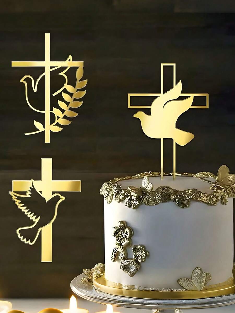 3 件亚克力和平蛋糕装饰、金色十字架洗礼爱心蛋糕装饰用品、亚克力和平与金色十字架蛋糕装饰套装 - 基督教十字架蛋糕装饰宗教洗礼、婚礼、生日派对装饰带天使翅膀、圣经诗句插入物、可重复使用的防水蛋糕装饰，适用于洗礼、圣诞节、教堂活动、基督教庆祝活动（、防碎、DIY 烘焙和甜点桌用品） - 金色 - 查看 1