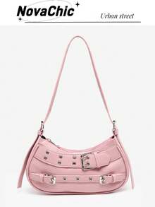 1pc Retro Vintage Pink Patent Leather Y2K Gothic Fashionable Rivet Decoration Block Decor Shoulder Bag, Versatile For Daily Commute In Spring/Summer - Pink - View 1