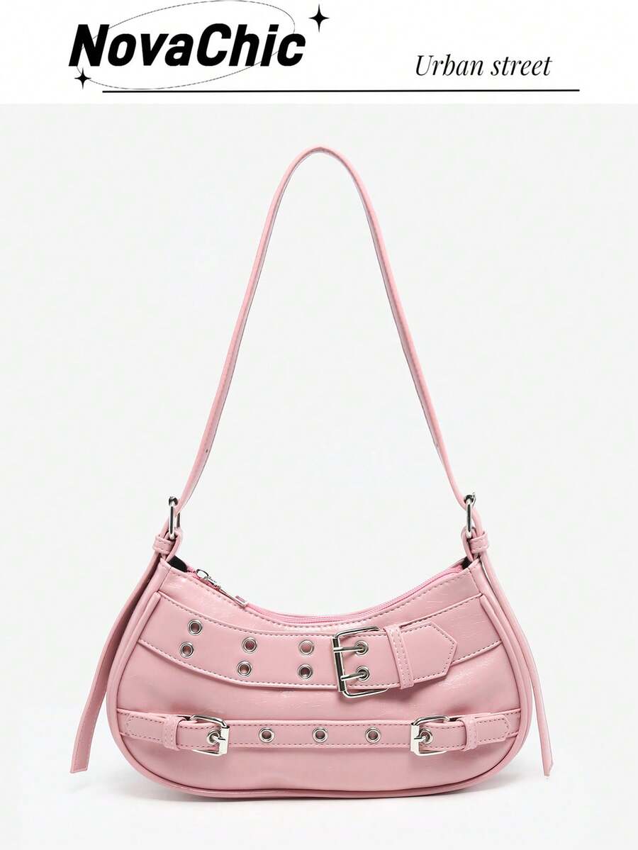 1pc Retro Vintage Pink Patent Leather Y2K Gothic Fashionable Rivet Decoration Block Decor Shoulder Bag, Versatile For Daily Commute In Spring/Summer - Pink - View 1