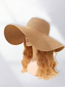 1pc Women's Outdoor Large Brim Beach Sun Hat, Woven Fluffy Trim Straw Hat, Bohemian Style Beach Hat, Summer - Straw Hat - View 13