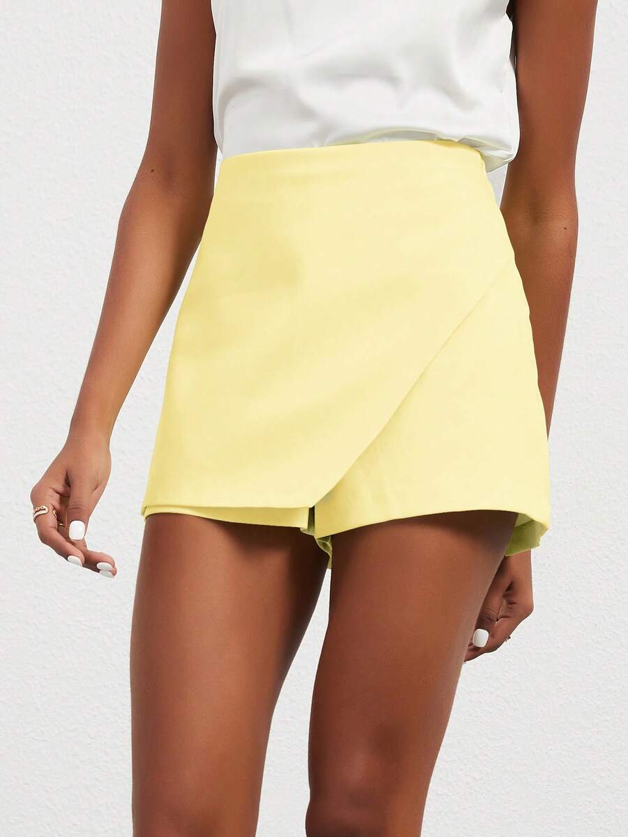 Se-Helo Fashionable Women's Casual Versatile Solid Color Asymmetrical Skirt Shorts - Light Yellow Summer - Light Yellow - View 1