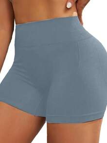 1pc Women Plus Size Solid Color Seamless High Waist Quick-Dry Shorts For Yoga, Running, Gym, Tummy Control, Butt Lifting - Blue - View 5
