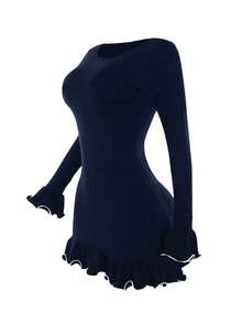 性感波浪卷边荷叶边迷你毛衣连衣裙，可爱风，街头风，时尚，适合派对、情人节、新年等场合