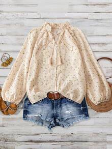 EARO Autumn New Women's Shirt, Floral Print V-Neck Design, Casual Loose Long Sleeve Blouse - 黃杏色 - 查看 1