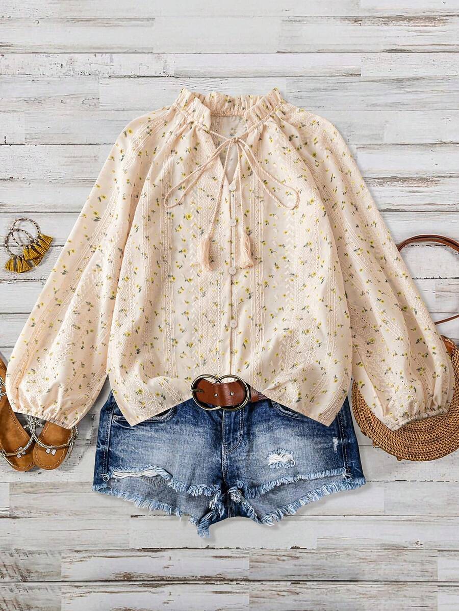 EARO Autumn New Women's Shirt, Floral Print V-Neck Design, Casual Loose Long Sleeve Blouse - 黃杏色 - 查看 1