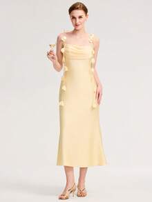 EVERPRETTY Vestido de dama de honor amarillo lindo de verano, vestido de invitada de boda de longitud media con tirantes de satén y flores 3D, adecuado para bodas, cumpleaños, galas, fiestas y otras ocasiones - Amarillo - Ver 5
