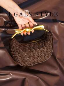 Bolso de lujo para mujer, estilo trenzado para vacaciones, banquete, con asa de metal ondulada, media luna, perfecto para vacaciones, fiestas, bodas, banquetes, se puede combinar con vestido de novia, vestido diario, vestido de fiesta, vestido de cumpleaños, vestido de fiesta para mujer