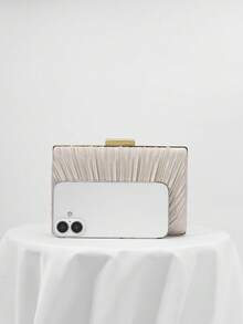 Women's Classic Box Pleated Satin Design Evening Clutch Bag, Minimalist Party Handbag, Suitable For Formal Events, Weddings, Proms - Romantic Apricot Bridal Clutch - Apricot - View 3