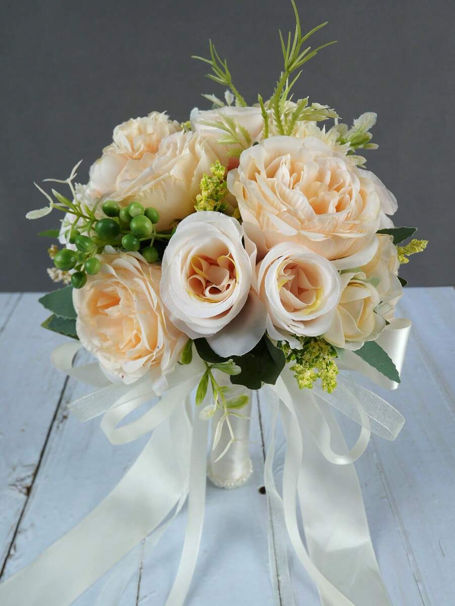 1 件多色新娘花束，人造仿真玫瑰，牡丹花束，适合新娘、伴娘、婚礼派对、教堂、家居装饰