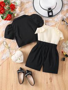 3pcs/Set Girls Chic Mandarin Collar Puff Sleeve Top+ Ruffle Strap Vest+ Waistband Button Hem Shorts, Spring/Summer Back To School - Black - View 2
