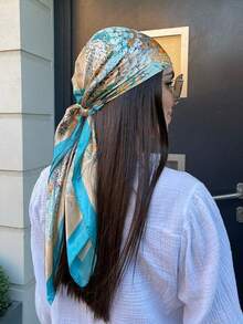 1pc Simple Printed Satin Square Scarf, New Spring Fashion Bandana For Women, Can Be Used As Belt,Bag Decoration,Ribbon,Headband Or Headscarf Bandana,Hair Band,Head Band Ideal For Dressing Up Your Look - Lake Blue - View 3