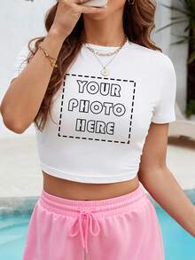Áo croptop ngắn tay nữ in theo yêu cầu, thêm ảnh của riêng bạn (mẫu, ảnh tự chụp, ảnh bạn bè, ảnh gia đình, logo, v.v.), thiết kế áo thun ngắn tay in hình cá nhân hóa, quà tặng kỷ niệm, quà tặng ngày Valentine, màu trắng mùa hè, dành cho gia đình. - trắng - Xem 1