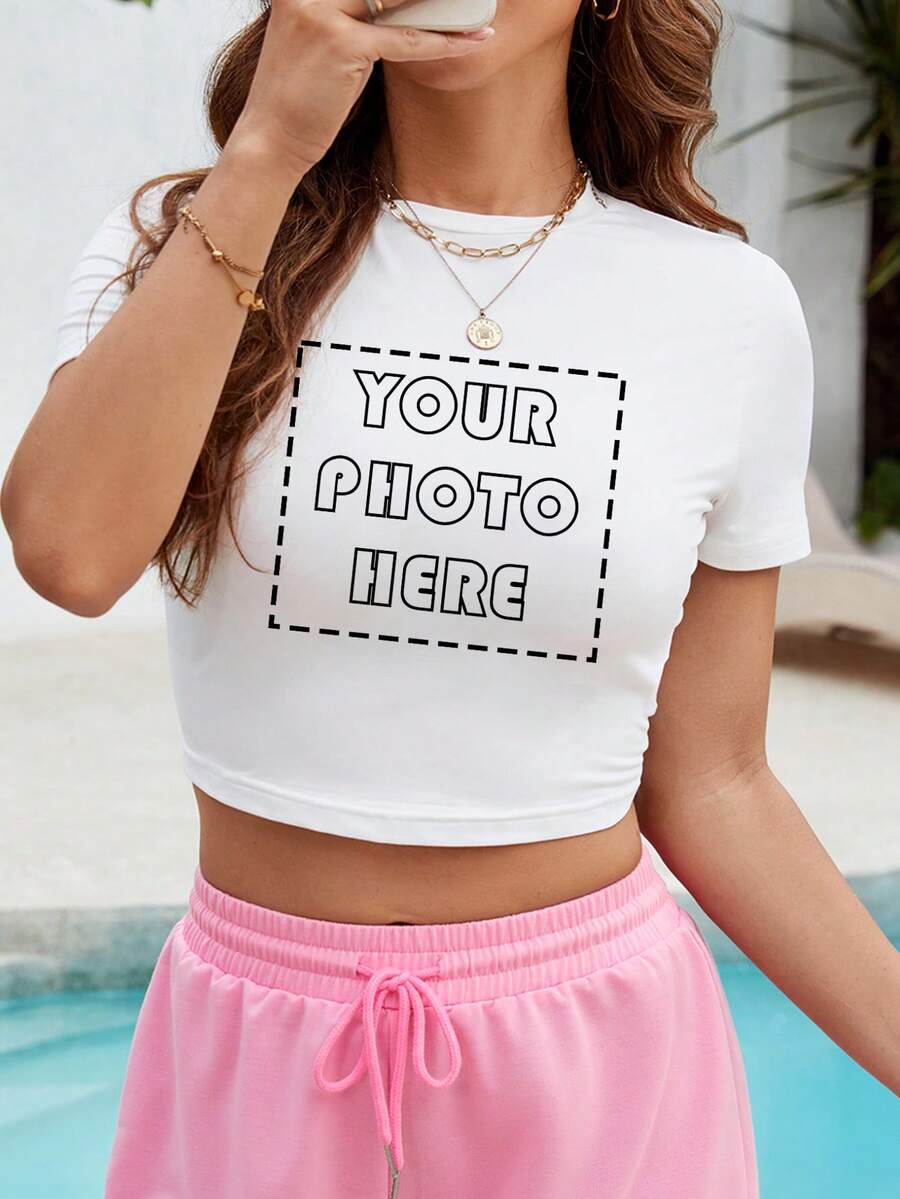 Áo croptop ngắn tay nữ in theo yêu cầu, thêm ảnh của riêng bạn (mẫu, ảnh tự chụp, ảnh bạn bè, ảnh gia đình, logo, v.v.), thiết kế áo thun ngắn tay in hình cá nhân hóa, quà tặng kỷ niệm, quà tặng ngày Valentine, màu trắng mùa hè, dành cho gia đình. - trắng - Xem 1