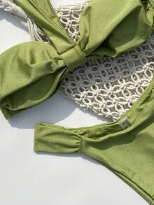 Women's Sexy Backless Lace-Up Green Bikini Set - Green - View 3