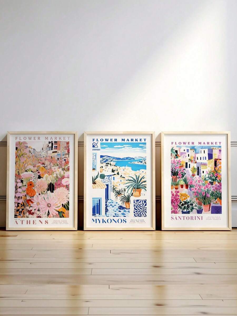 3 Pieces Flower Market ATHENS Poster Pictures Romantic Ocean Wall Arts Modern Colorful Flowers Canvas Wall Decor Living Room Wall Decoration Canvas Painting Wall Art For Living Home Decor Holiday & Birthday Gift, Office Decoration Arranged Artwork Optional Frame ,Wall Art With Frame - 3pcs/set - View 1