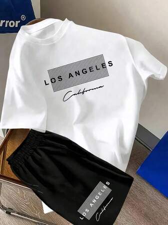 青少年百搭洛杉矶英文字母印花时尚圆领短袖短裤套装非常适合户外旅行