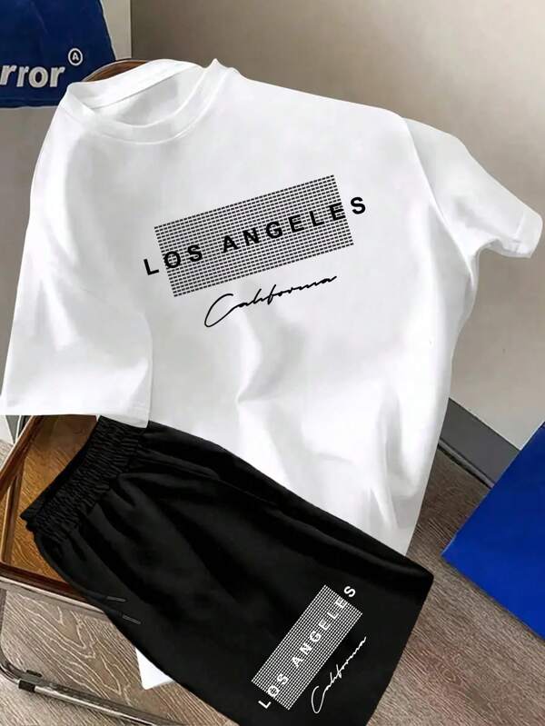 Teenagers' Versatile Los Angeles English Letter Printed Fashionable Round Neck Short-Sleeved Shorts Set Is Perfect For Outdoor Travel