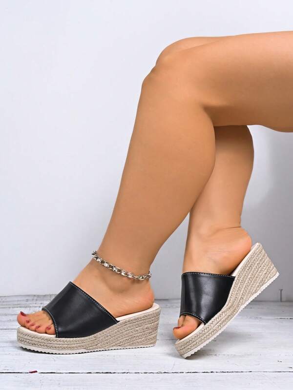 Women's Resort Wedge Sandals Single Strap Linen Sole Wedge Heel Plus Size Wide Fit Sandals