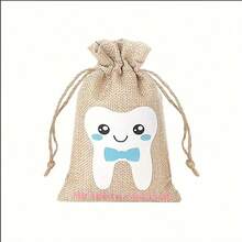 6pcs Adorable Linen Tooth Shape Drawstring Storage Pouch, Suitable For Gift Collection, Holidays & Parties - Flax - View 4