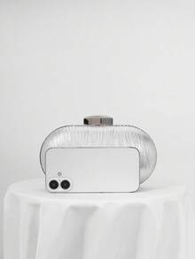 Elegant Leaf Pattern Pleated Box-Shaped Evening Bag, Women's Fashion Handbag Suitable For Weddings, Parties, And Galas. High-Quality Chain Shoulder/Crossbody Bag - Silver - View 4