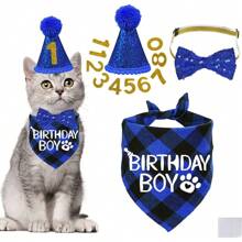 Dog Birthday Hat With Number Bandana Bow Tie Collar Washable Pet Costume Set For Puppies Kittens Dwarf Rabbits Color Blocking Fashion Dog Birthday Decorations Apparel Outfits