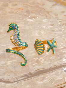 2 Pcs Stainless Steel Starfish, Seahorse, Shell Adjustable Ring Set, Beach Style Suitable For Daily Wear - Multicolor - View 7