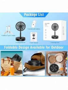 LIPETY Portable Fan, Foldable Rechargeable Oscillating Fan - 9 Inch, 7200 MAh Battery Operated, USB-C Small Fan With Remote Control, Quiet Table Fan, Foldable Stand Fan For Bedroom, Office, Camping And Travel - Svart - Visa 7