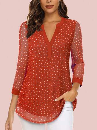 CheersLife Women's V-Neck 3/4 Sleeve Casual Dress With Layered Mesh Waist Tie Blouse