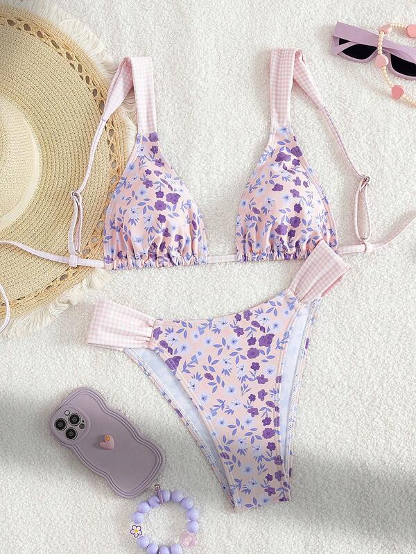 Miturn Rückenfreier Karo- und Botanik-Bikini Set: Süßer, legerer Badeanzug mit verstellbaren Trägern, Patchwork-Muster Zweiteiler für Strandurlaube