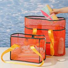 Breathable Mesh + Foldable Contrast Color Tote Bag, Outdoor Beach/Pool/Shopping/Gym Multifunctional Storage Bag (Reinforced Handle + Inner Pockets), Waterproof Portable Folding Bag For Clothes & Accessories
