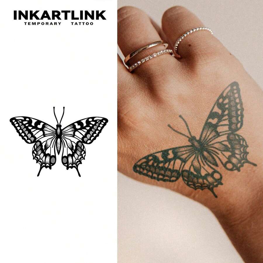 INKARTLINK 非永久性纹身技术，仿真蝴蝶纹身贴纸，临时个性化纹身贴纸，半永久性手部纹身贴纸，自然哑光效果，防水持续 1-2 周，适合女性锁骨
