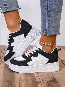 秋冬女士休闲运动鞋，女士厚底厚底运动鞋，户外运动鞋，女士运动鞋 - 黑與白 - 查看 5