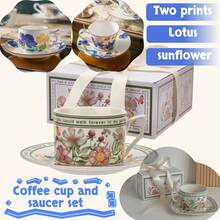 2 件陶瓷咖啡杯碟套装，瓷器茶具，高端骨瓷茶具，包括带有完美印花图案的杯子和碟子，是送给朋友、妈妈、爸爸、男朋友、女朋友的理想礼物，优雅的花卉设计茶杯和碟子，卡布奇诺、拿铁杯，非常适合家庭、办公室、派对、生日、婚礼返校礼物
