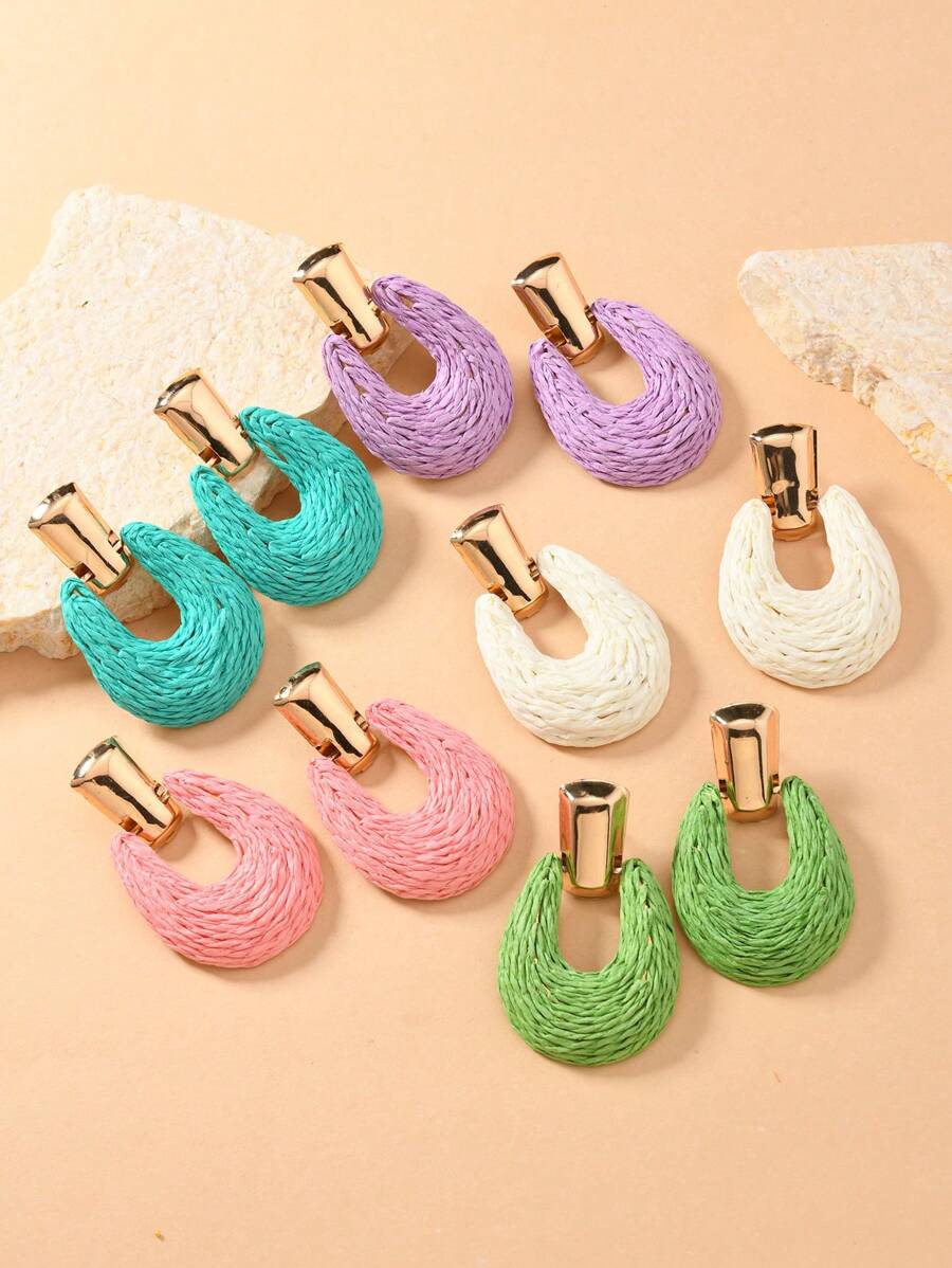 1 Pair Handmade Woven Raffia U-Shaped Bohemian Style Beige, Blue, Green, Purple Fashion Stud Earrings For Women, Suitable For Daily Wear