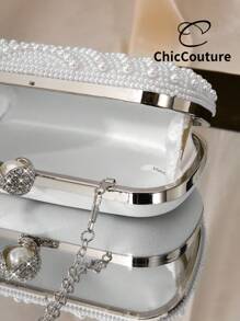 Geantă de seară elegantă, versatilă, cu perle artificiale, model picătură de apă, tip mini-clutch pentru femei, geantă de seară rafinată, geantă de petrecere retro de lux cu cristale, potrivită pentru nunți romantice, gale, baluri, petreceri formale de Crăciun, vine cu lanț