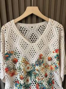 女士夏季度假花卉和树叶印花透明针织上衣 - 杏色 - 查看 3