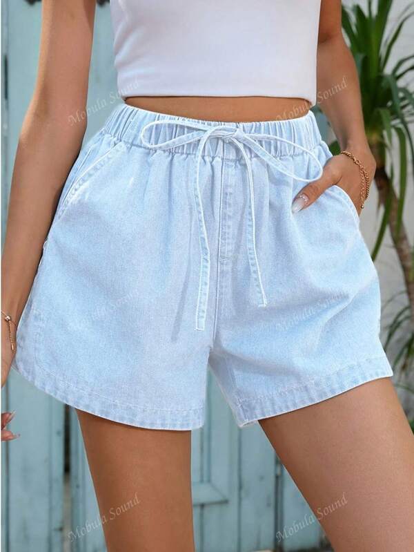 Mobula Sound#Sexy Music Festival Casual Vacation Fashion Elegant Women Blue Denim Loose Elastic Waist Shorts, Spring/Summer