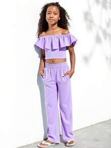2 piezas Conjunto de verano para niñas, Blusa corta con hombros descubiertos y volantes + Pantalones anchos de cintura alta, Conjunto casual y dulce de moda para niños - Morado - Ver 2