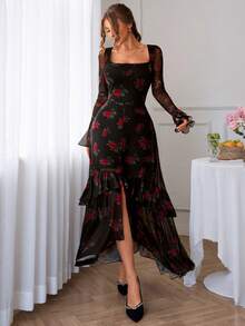 Đầm dài tay thanh lịch, gợi cảm phong cách Y2K lãng mạn xếp tầng hai lớp in họa tiết hoa hồng dành cho nữ, mùa xuân - Nhiều màu - Xem 6