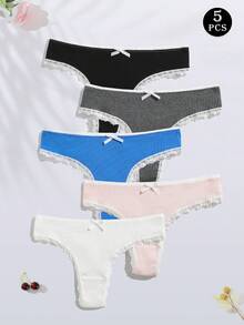 5 件套女士蝴蝶结蕾丝边内裤套装，含丁字裤 - 彩色 - 查看 3