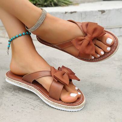 Frühlings-/Sommer-Mode Damen Slip-On Flats, Schleifen-Dekor super leichte Plateau-Sohle Damen Sandalen, bequeme Strandschuhe