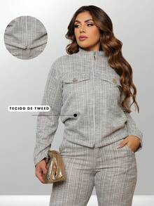 Women's Tweed Set, Zippered Jacket And Pants With Functional Pocket, Winter 2025 - 灰色 - 查看 3