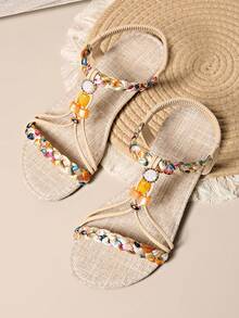 Sandalias de playa estilo retro romano de talla grande para mujer, con cuentas y tejido bohemio - Amarillo - Ver 7