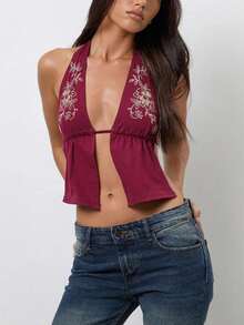 Women Open Front Halter Tops Y2k Floral Deep V Neck Slim Fit Tank Top Sleeveless Backless Camisole Crop Tops Summer Vests Shirts Going Out Tops Vinatge Aesthetic Clothes Party Streetwear - 紅色 - 查看 3